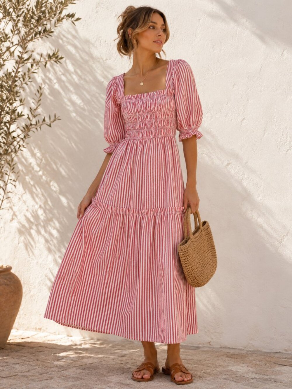 Topshop Red White Stripe Smocked Maxi Dress Cottagecore Prairie Puff Sleeve 10